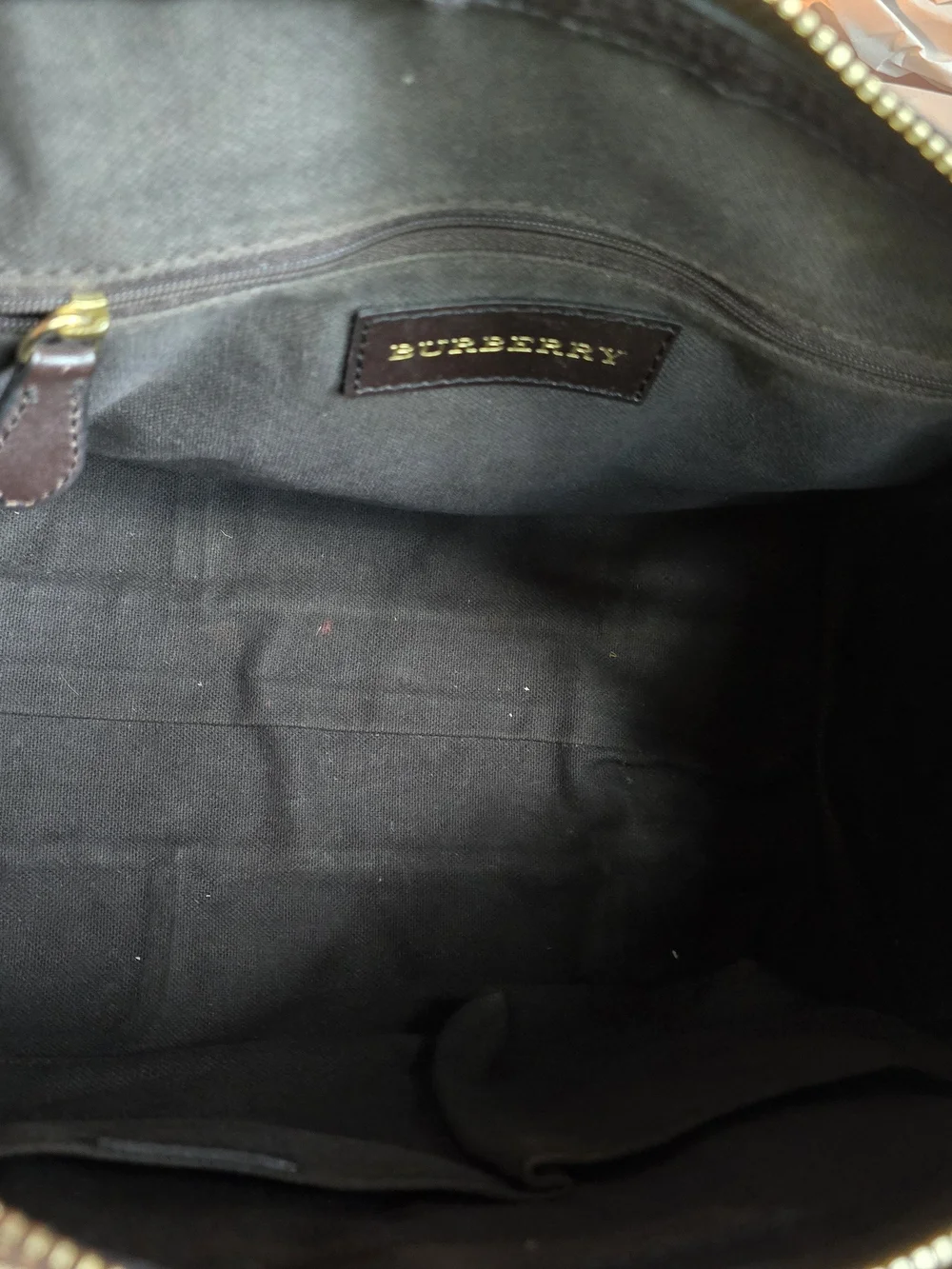 Burberry Beige Black Check Shoulder Bag with Brown Leather Trim